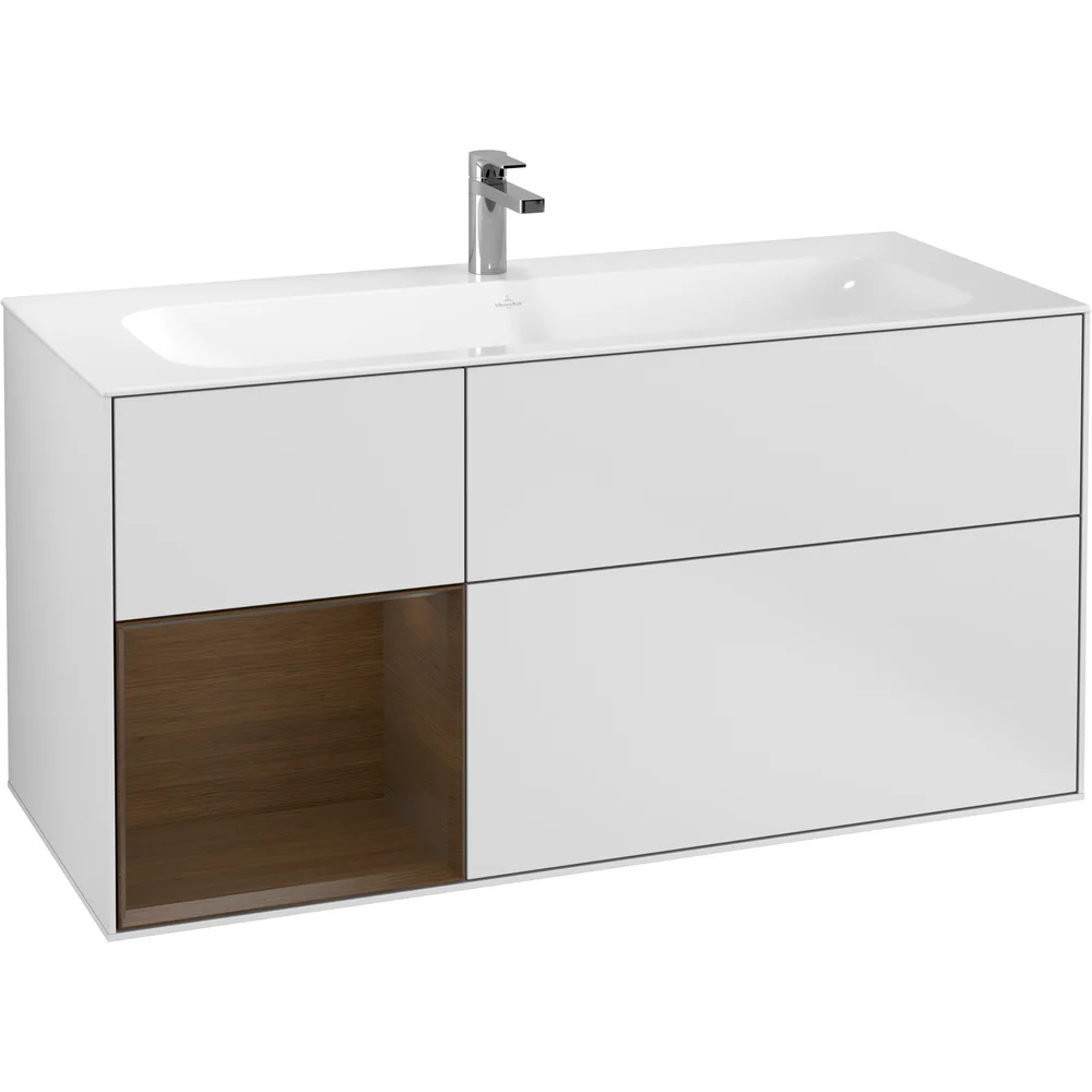 V&B FINION SERVANTSKAP 120 HVIT MATT LAKK EMOTION-LYS, VENSTRESTILT VALNØTTHYLLE v:8984239