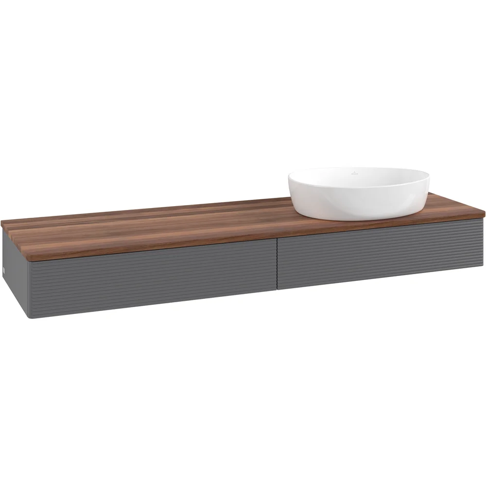 V&B ANTAO SERVANTSKAP 2 SKUFFER RILLET 1600X190X500 HØYRE U/KRANHULL M/LYS ANTRASITT/VALNØTT v:3153625