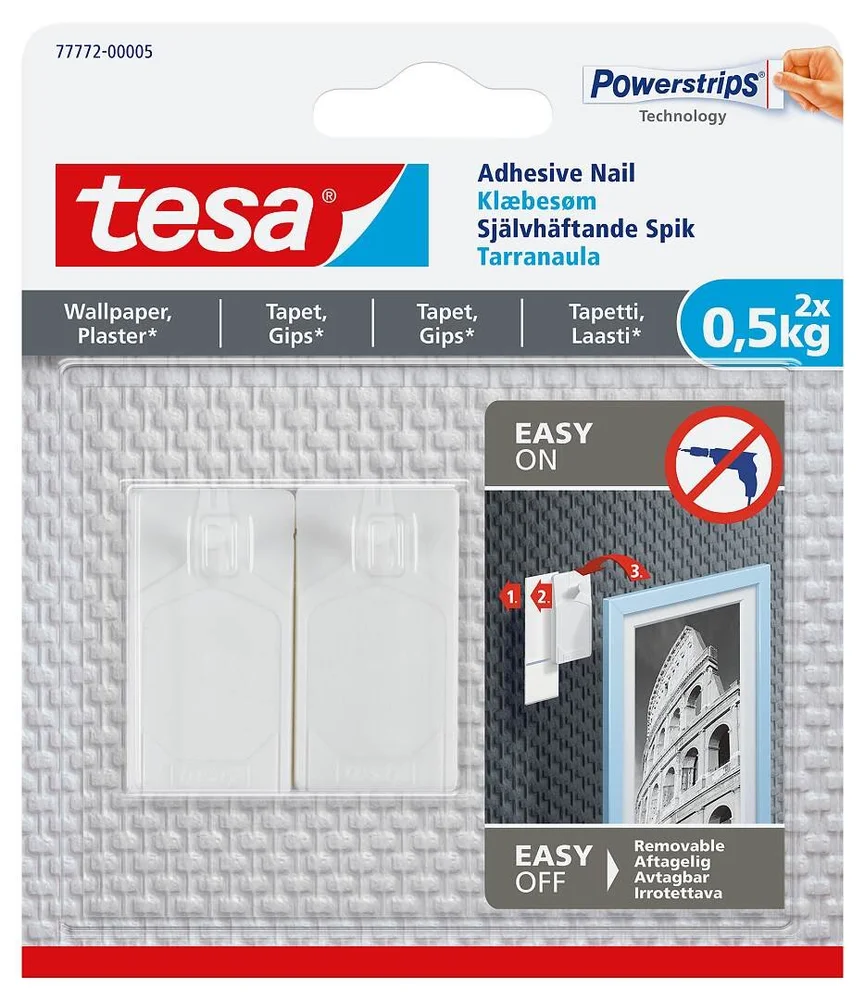 Tesa Selvklebende spiker for tapet og puss, justerbar, 0,5 kg, 2-pack v:1353576