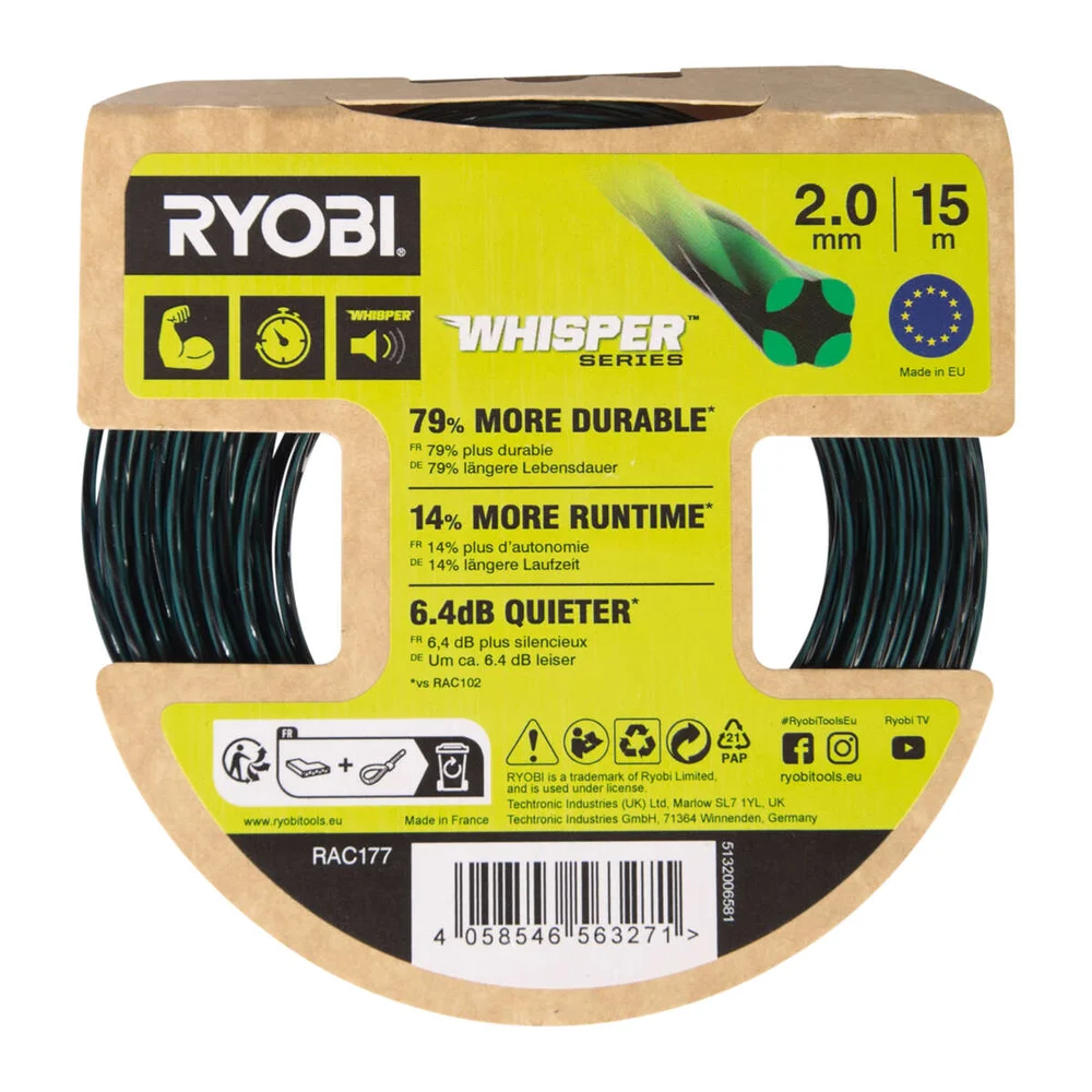 Ryobi RAC177 2,0 mm Whisper™ Trimmertråd (15 m) v:4932512